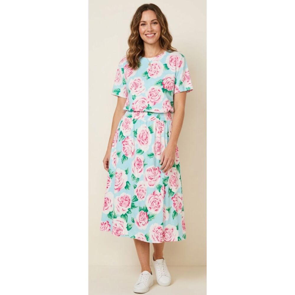 Vintage Adrienne Vittadini Floral Y2K Midi Skirt Top Set Women's Size Large